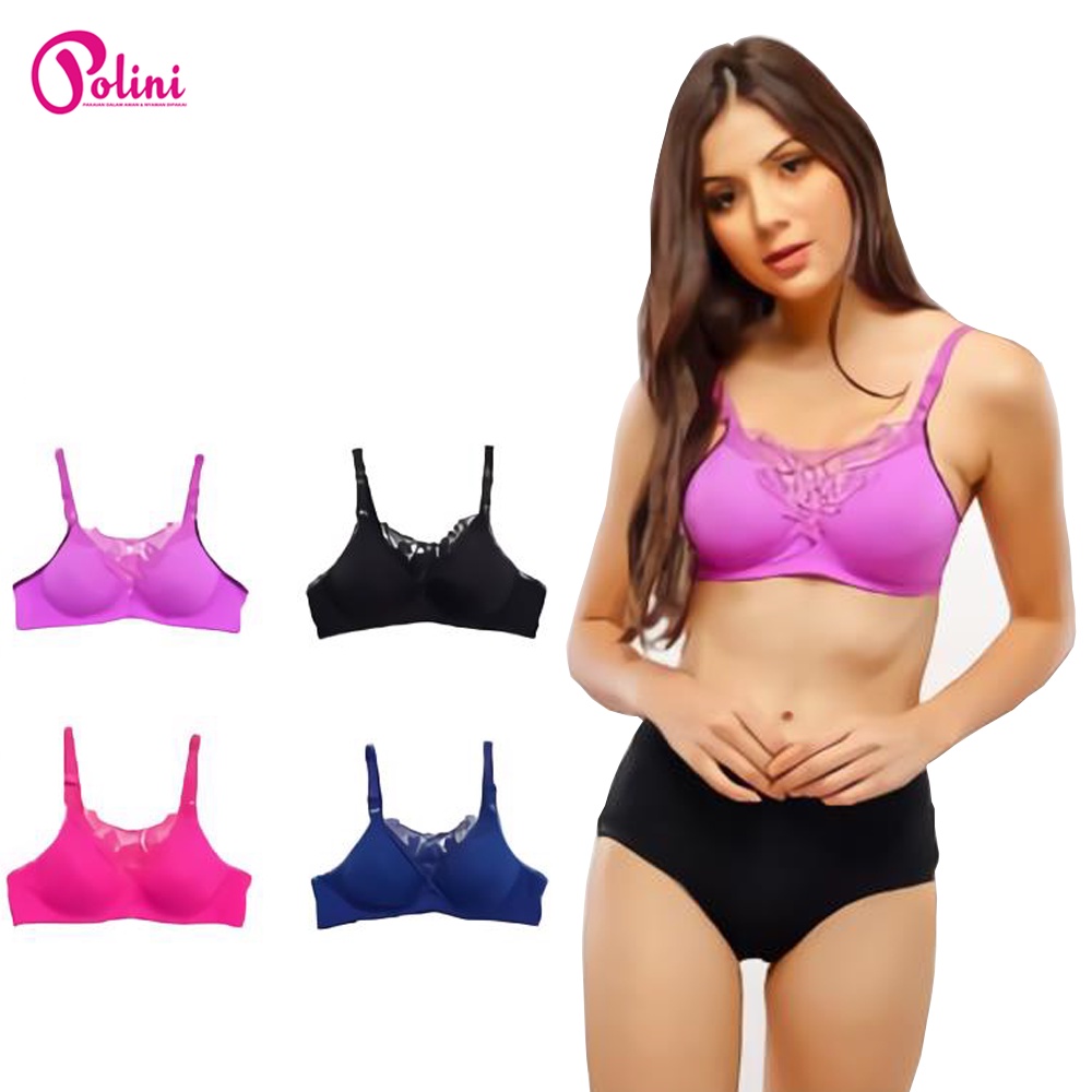 POLINI Bra Tanpa Kawat Busa Tipis Motif Renda Cup A/B B04