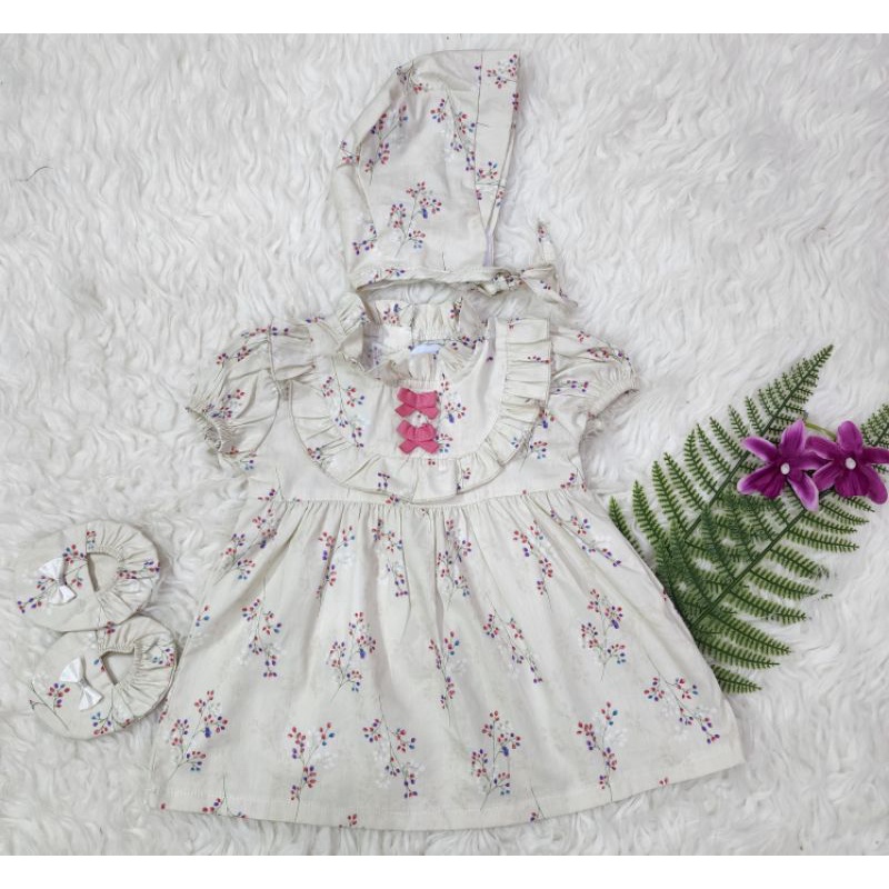 Baju bayi perempuan dress kumplit Topi &amp; sepatu baby