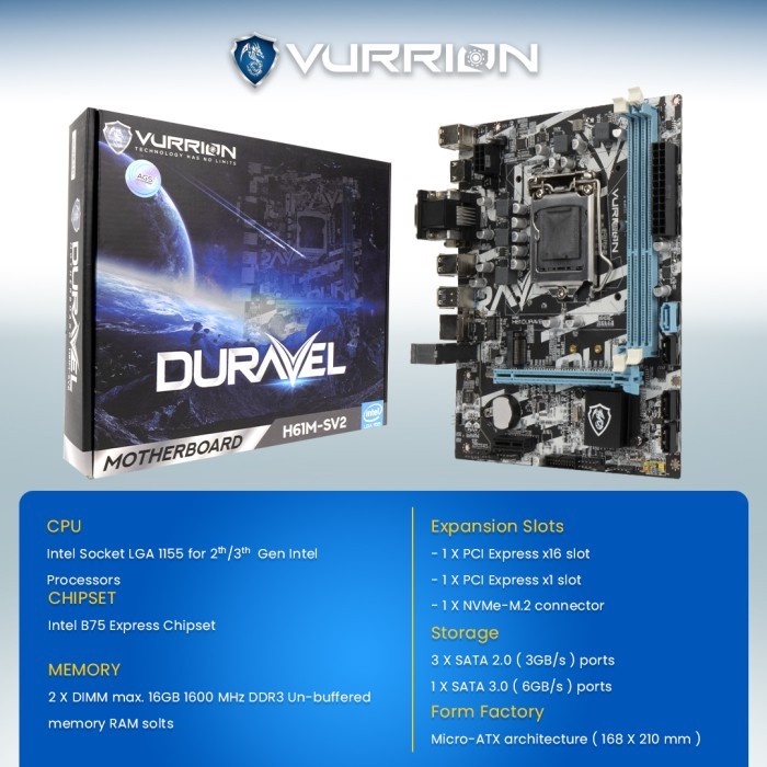 Vurrion H61M-SV2 Duravel Intel Motherboard H61 LGA 1155 DDR3 NVMe