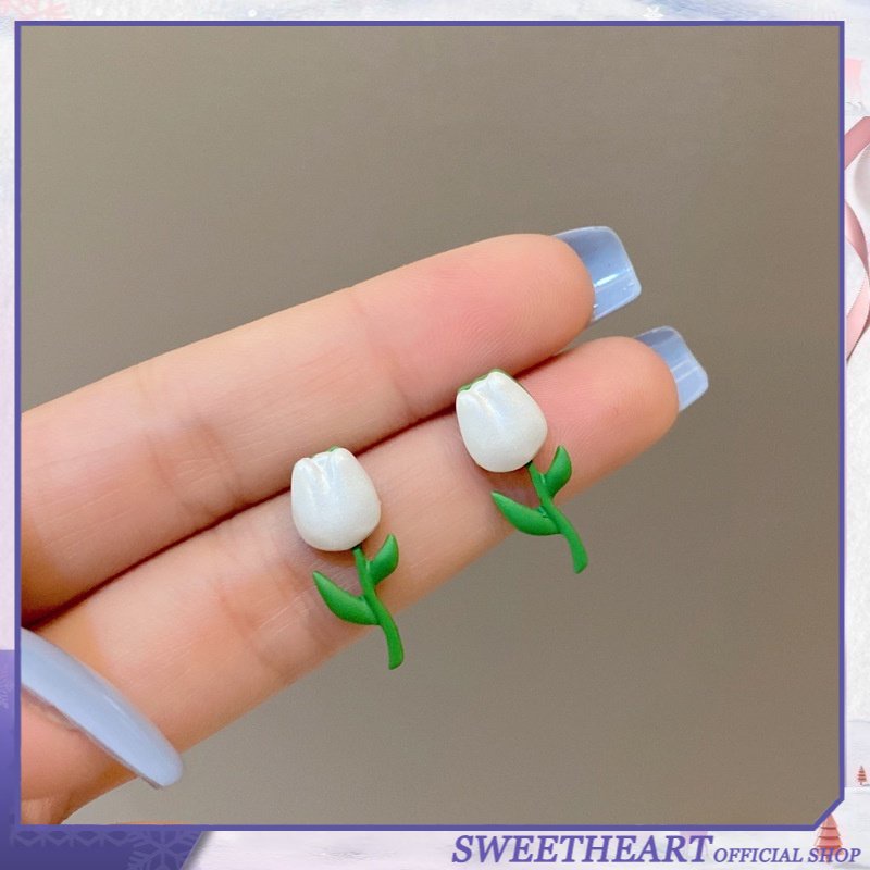 Anting Stud 925 Silver Bentuk Bunga Tulip Warna Putih