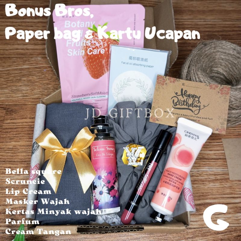 

Hampers hijab Bella square/hadiah ulangtahun cewek/GiftBox wanita/paket kado kerudung kecantikan