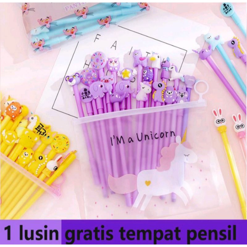 

1 lusin pulpen gel motif free tempat pensil transparan unicorn