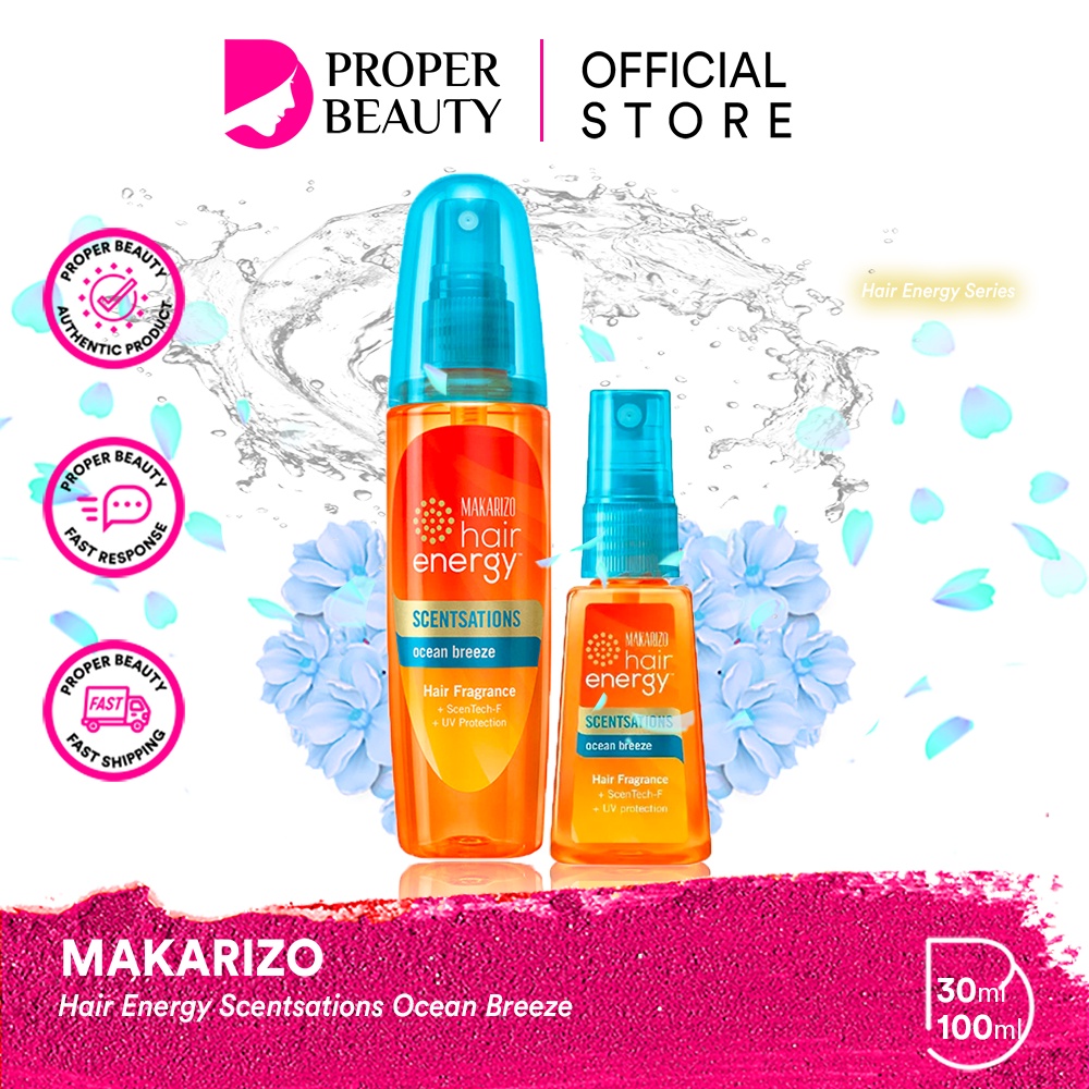 MAKARIZO Hair Energy Scentsations Ocean Breeze Indonesia / Hair Fragrance 30ml 100ml / ScenTech-F UV Protection Vitamin / Parfum Rambut Parfume Spray Mist Minyak Wangi Pewangi Body Badan / Morning Dew Cherry Blossoms White Musk Blue Coast Fresh Bouquet