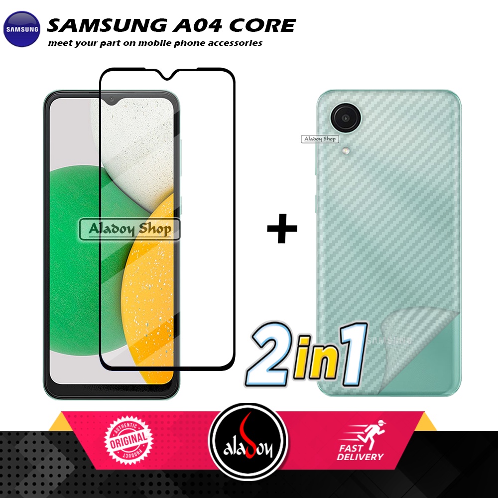 PAKET 2 IN 1 Tempered Glass Layar Samsung A04 Core 2022 + Skin Carbon Film 3D