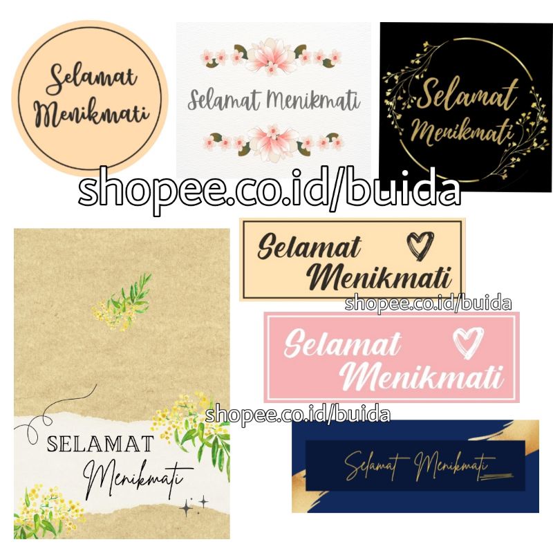 

stiker sticker label Selamat Menikmati segel kemasan dus box nasi makanan bingkisan hantaran hiasan kotak kue dekorasi hampers L115 packaging sealer bulat round circle kotak persegi panjang L182 L183 L115 tulisan warna hitam background coklat muda