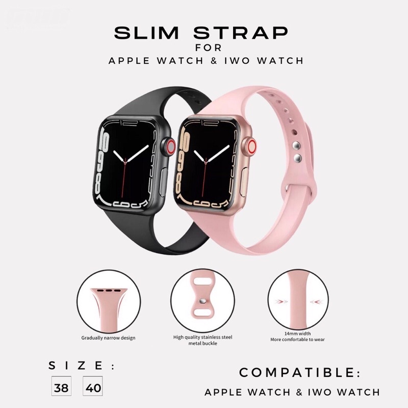 Apple Watch Soft Silicone Strap Narrow Slim Fit Band Rubber Ultra Sport Tali Jam Ladies Series 1 2 3 4 5 6 SE 7 8 Size 38MM 40MM 41MM