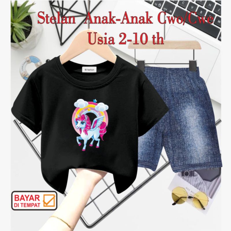 ((IB))SETELAN ANAK PEREMPUAN SEMI JEANS/KUDA PONI DIGITAL SABLON