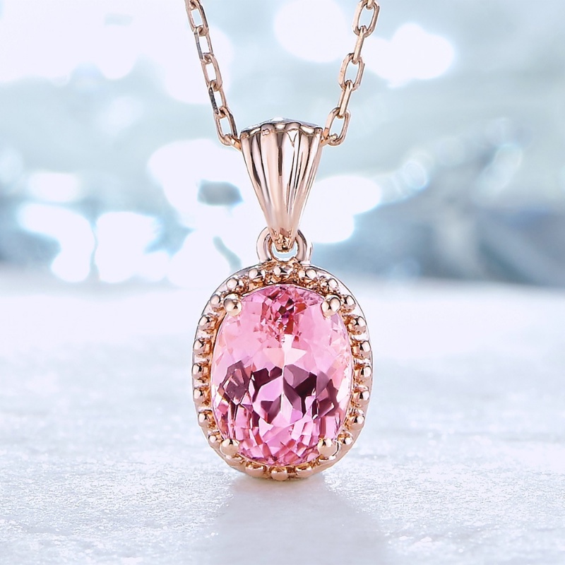 Kalung Lapis Rose Gold Emas Asli Kadar 375Hias Liontin Kristal Turmalin Pink Untuk Wanita