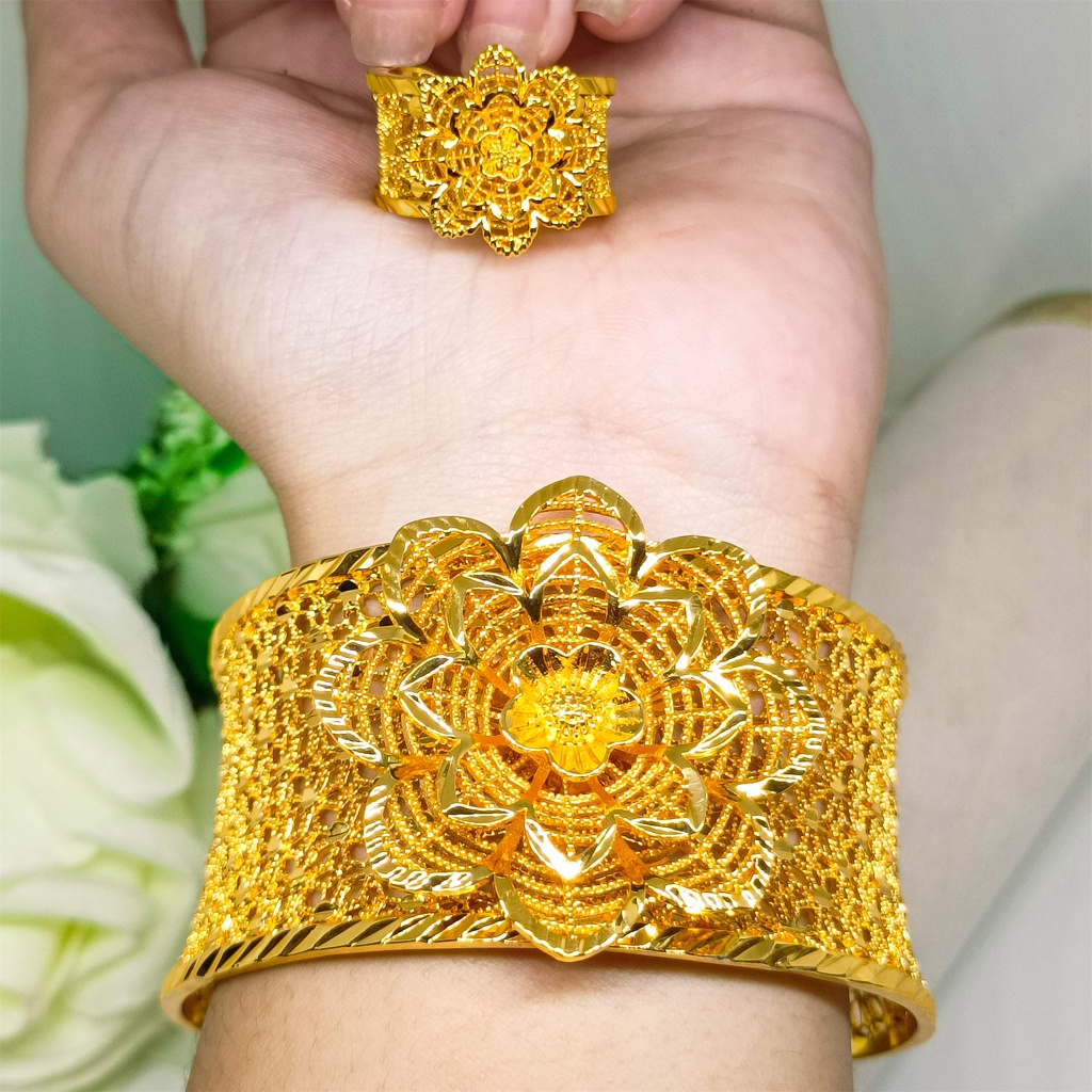 xuping Perhiasan Set Gelang Kendari + Cincin Dewasa Lapis Emas 24k