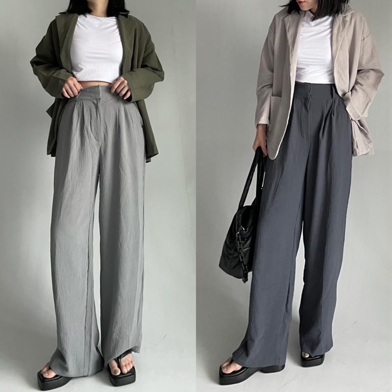 LOOSE PANTS - Celana Kulot Wanita Highwaist Crinkle - Celana Highwaist Kulot - Celana Hightwaist Wanita - Highwaist Pants