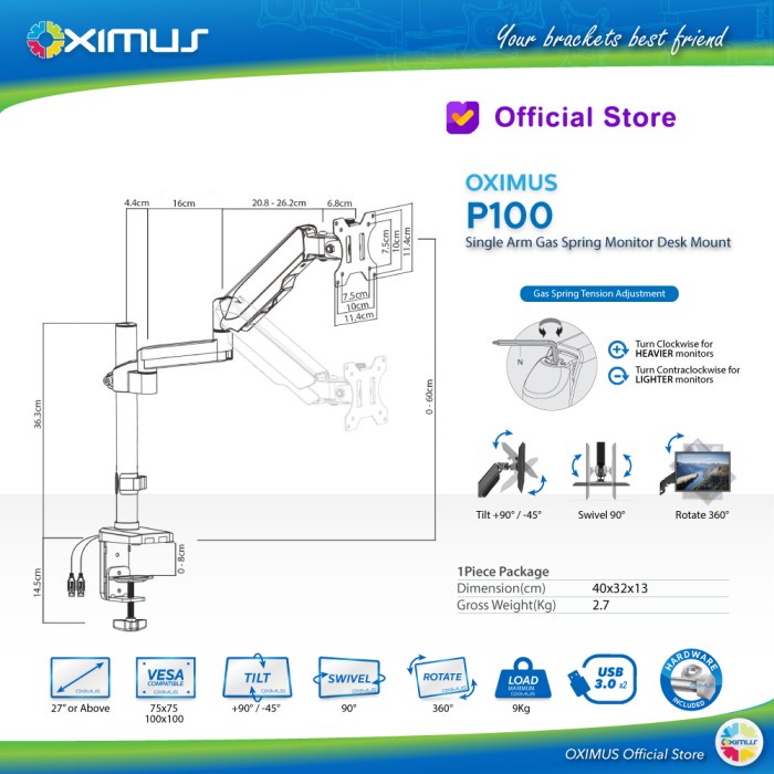 BRACKET MONITOR TV LCD GAS SPRING OXIMUS P100 SWIFEL ROTATE USB 3.0 - Hitam