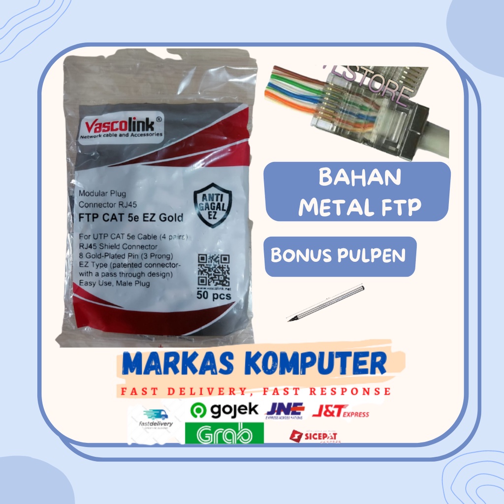 Konektor RJ45 Vascolink UTP Cat5 Gold EZ Anti Gagal Cat 5e Cat 5 50Pcs