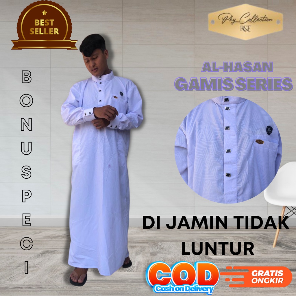 Baju Jubah Gamis Pria Laki Laki Dewasa Cowok Remaja Model Haromain Motif Embos Lengan Panjang Ukuran S M L XL XXL [AL-HASAN]