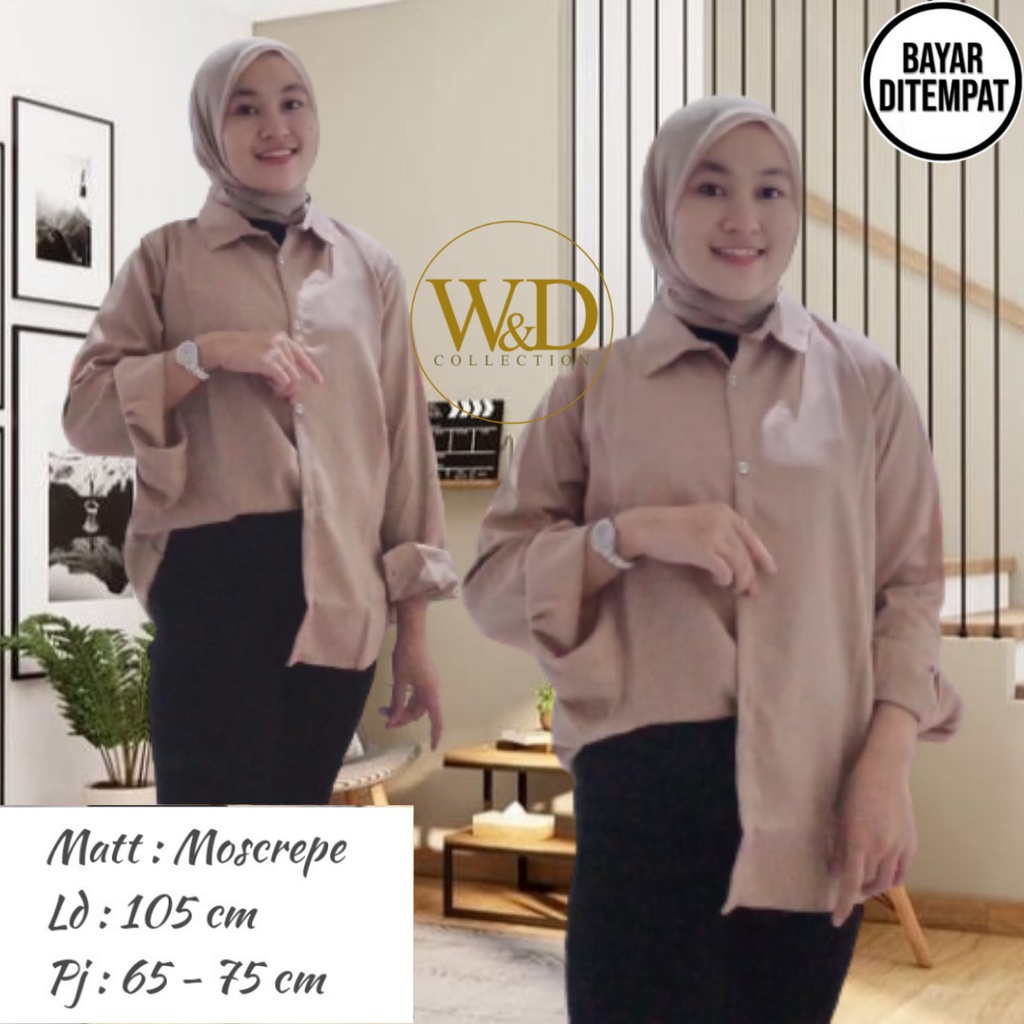 Kemeja Wanita Polos Lengan Panjang Casual Putih Hitam Moscrepe