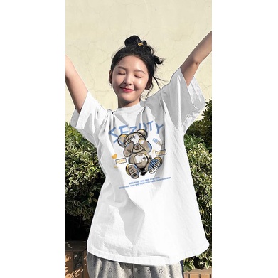 EUNII T-shirt Lengan Pendek Dingin Beruang Pencetakan Longgar Korean Style/Kaos Atasan Wanita/Baju Kaus Oversize Wanita