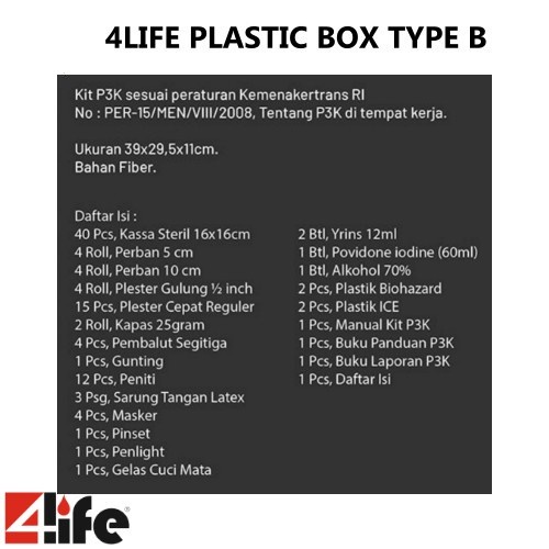 4Life Plastic Box Kit Type B / Kotak mc11 P3K + Isi Obat ( KEMENAKER RI )