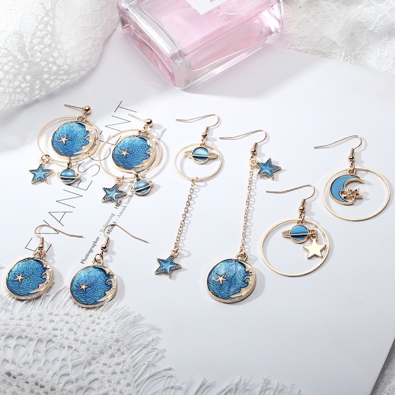 Anting Rumbai Panjang Asimetris Desain Planet Bintang Biru