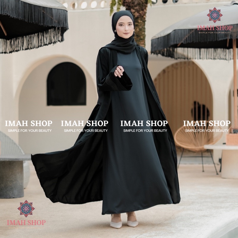 ABAYA FATIMAH LIST HITAM POLOS EXCLUSIVE DUBAI ARAB TURKEY KEKINIAN By Imah Shop