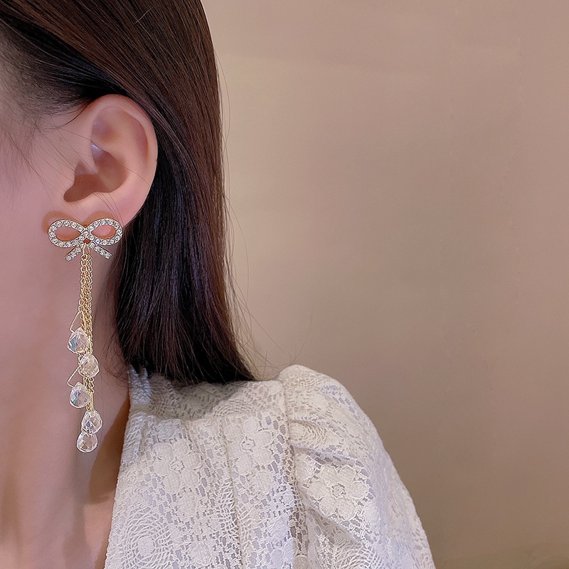 Anting Tusuk Gantung Panjang silver 925 Desain Pita Hias Kristal Berlian Untuk Wanita