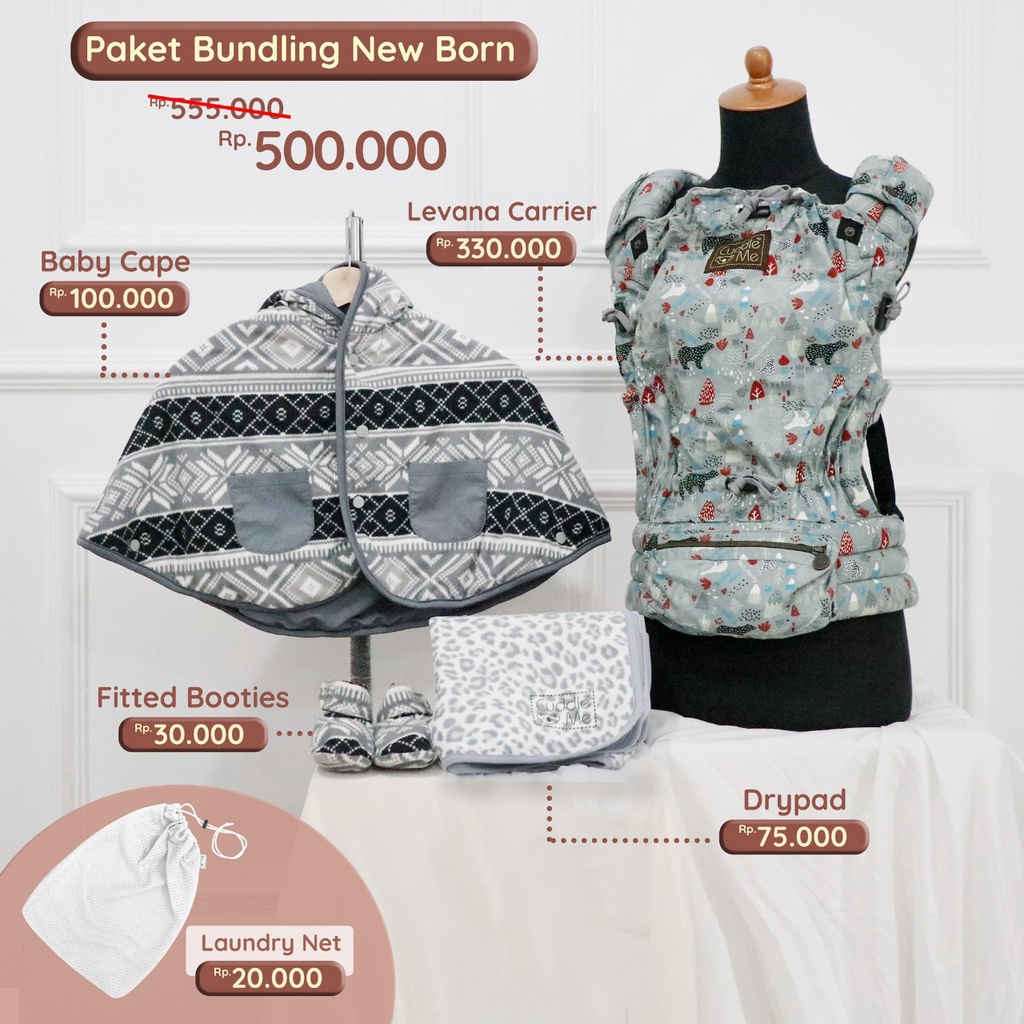 RPA Paket Bundling Newborn Cuddle Me, gendongan levana carrier, Baby cape,fitted booties, Drypad, laundrynet