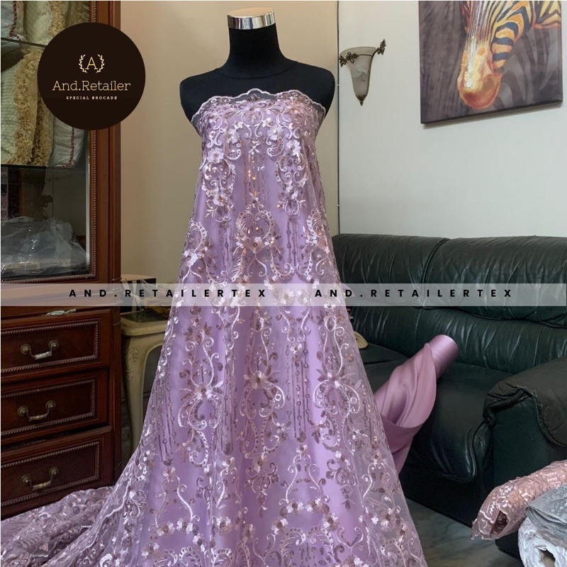 Bahan Kebaya Mewah Kain Brokat Tile Payet Elizabeth Warna Lilac