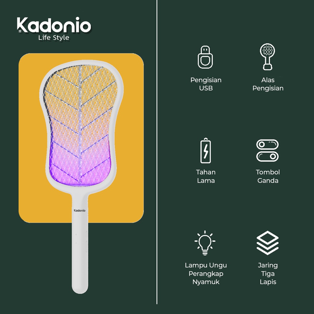 KADONIO Raket Nyamuk Listrik 2in1 Mosquito Swatter Lampu Nyamuk Elektrik Perangkap Nyamuk Lampu Ungu 1200mAh Usb Cas