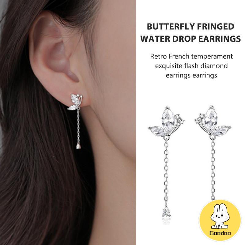 Anting Kupu-kupu Rumbai Drop Earrings Retro French Temperamen Indah Flash Diamond Earrings -Doo