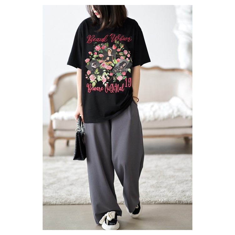 kaos hitam print unga-bunga / baju oversize wanita young korea / t shirt tee lengan pendek katun premium