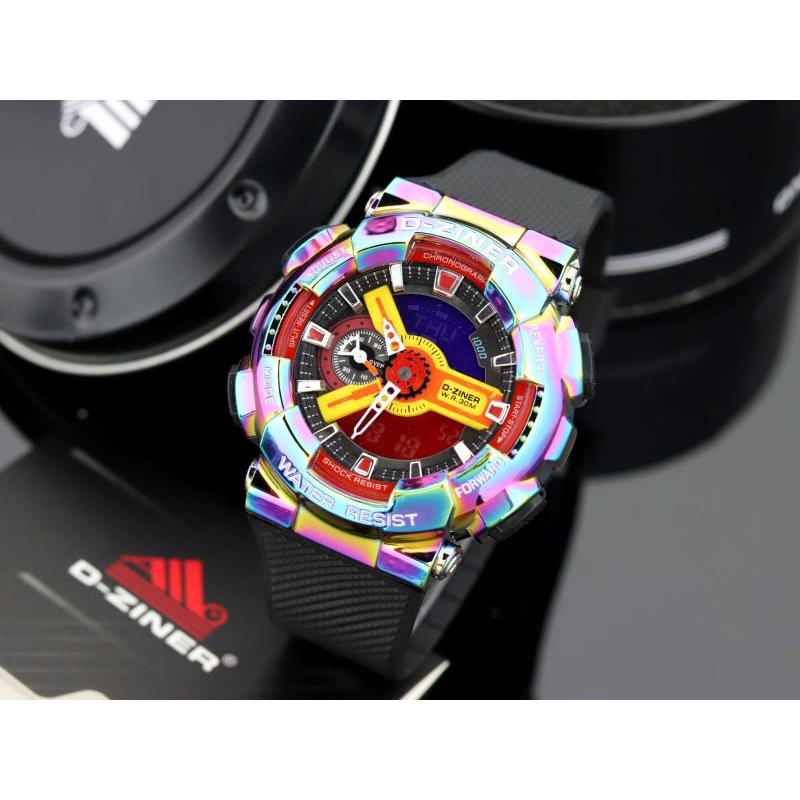 jam tangan pria Murah D-ZINER 8295 Tali rubber Hitam Pelangi Elegan Dualtime original