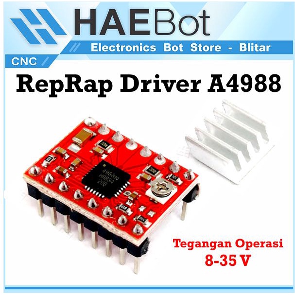 [HAEBOT] RepRap Motor Driver A4988 Module CNC Shield Arduinoo 3D Printer Pengendali Stepper 1/16 Mikrostepping 35V 1A Heatsink Pengontrol 1 pcs