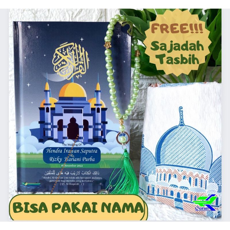 alquran paket sajadah tasbih mutiara bisa tulis nama di cover