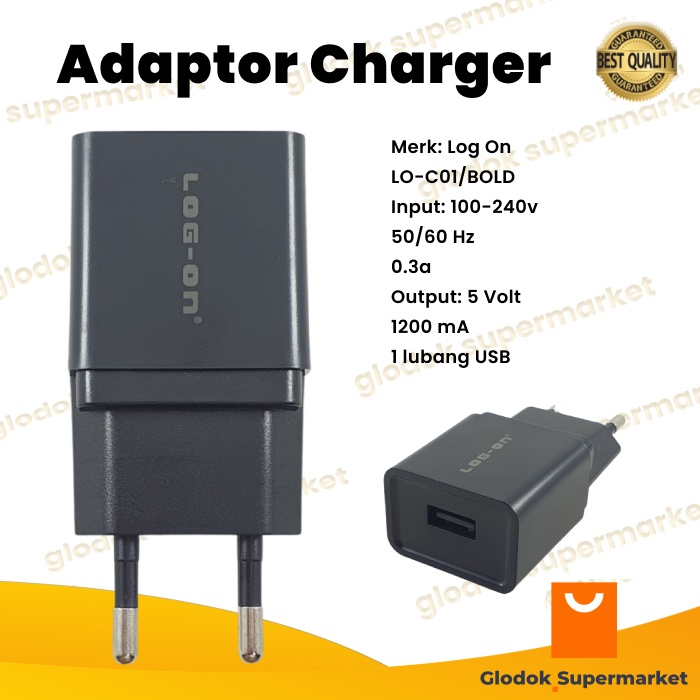 Adaptor Charger Log On 5v 1a Kepala Batok Carger LO-C01 BOLD 1 USB