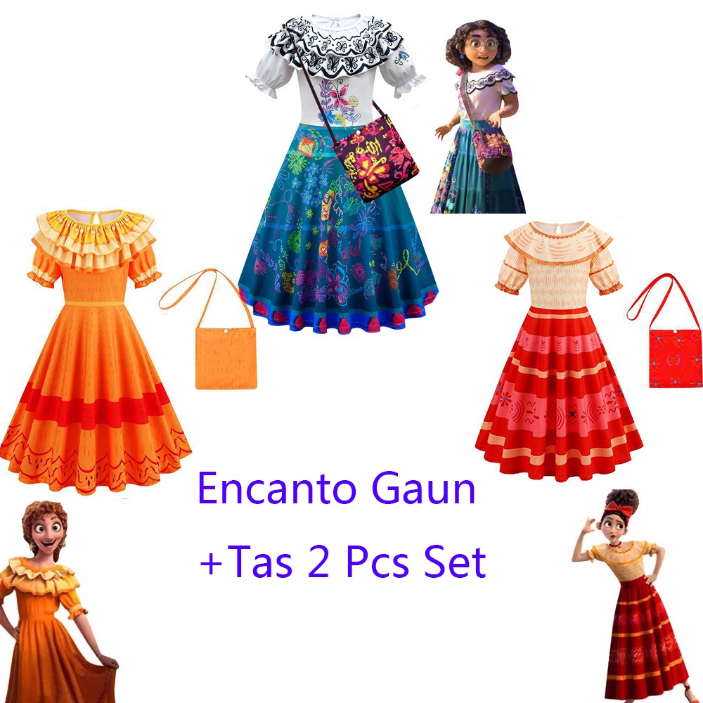 &lt;Free Bag&gt;Ready Stock Encanto Madrigal Cosplay Costume + Tas Untuk Anak Perempuan Gaun Putri