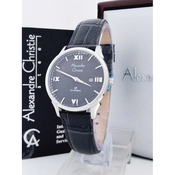 JAM TANGAN WANITA ALEXANDRE CHRISTIE AC 8457 SILVER BLACK LEATHER BLACK ORIGINAL GARANSI RESMI 1 TAH