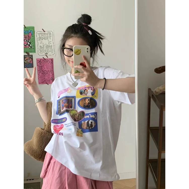 EUNII T-shirt Lengan Pendek Angka Pencetakan Longgar Korean Style/Kaos Atasan Wanita/Baju Kaus Oversize Wanita