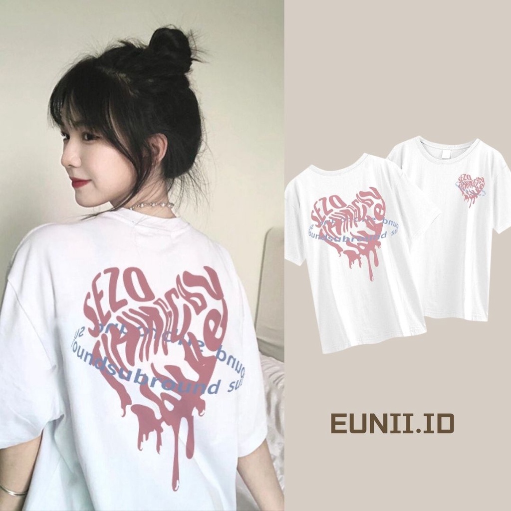 EUNII T-shirt Lengan Pendek Cinta Coretan Pencetakan Longgar Korean Style/Kaos Atasan Wanita/Baju Kaus Oversize Wanita