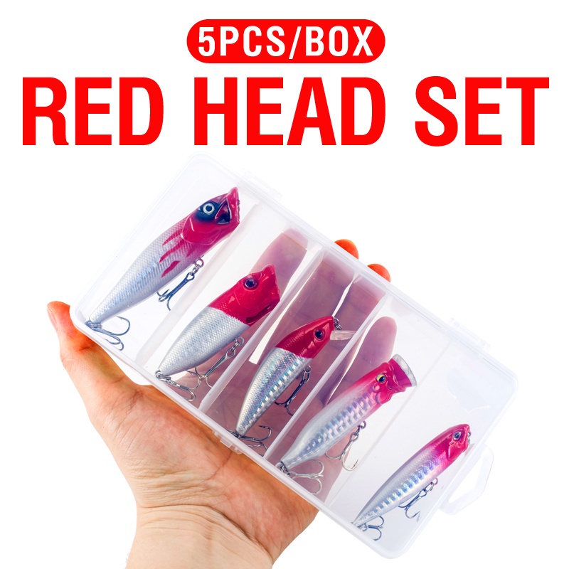 5pcs / Kotak Umpan Pancing Kepala Merah 7.9g / 6 / 9.4 / 11.8 / 12.5g Bahan Plastik Keras 5 Warna