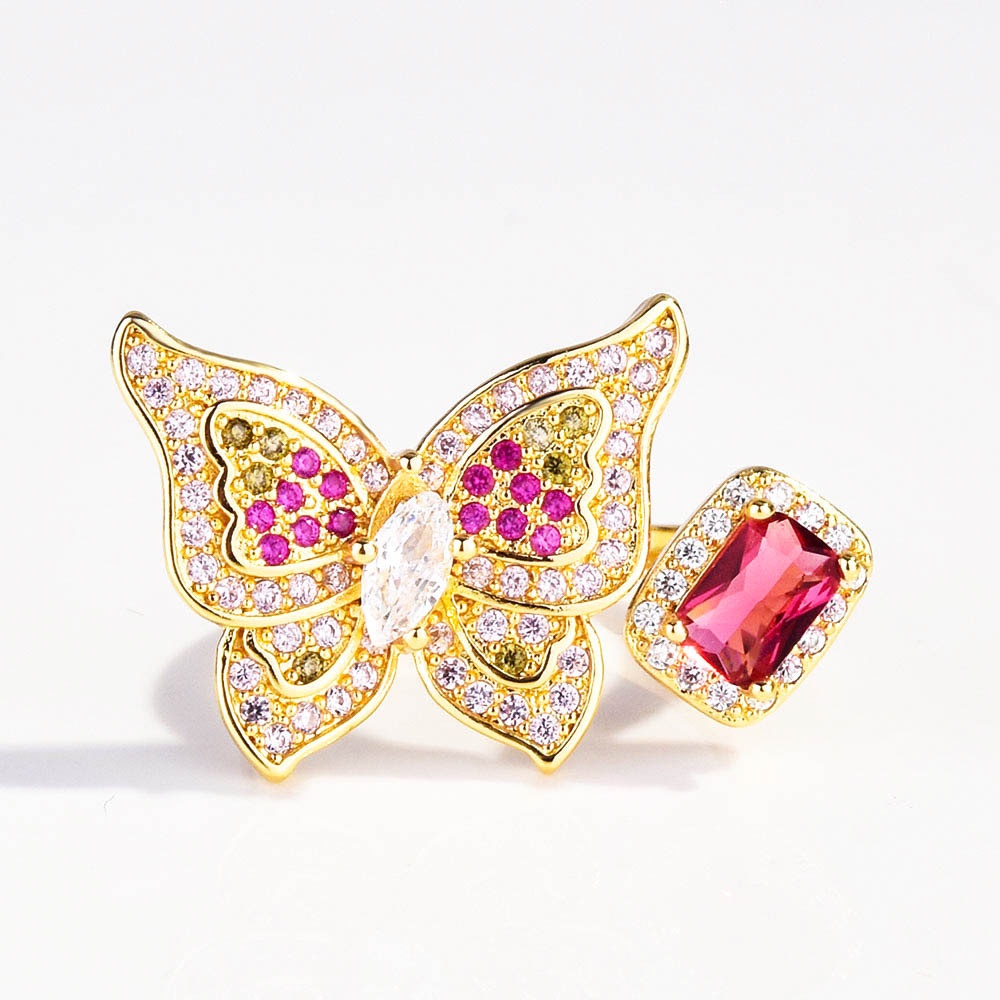 Cincin Lapis Emas Emas Asli Kadar 375Desain Kupu-Kupu Hias Rubi Berlian Untuk Wanita Butterfly