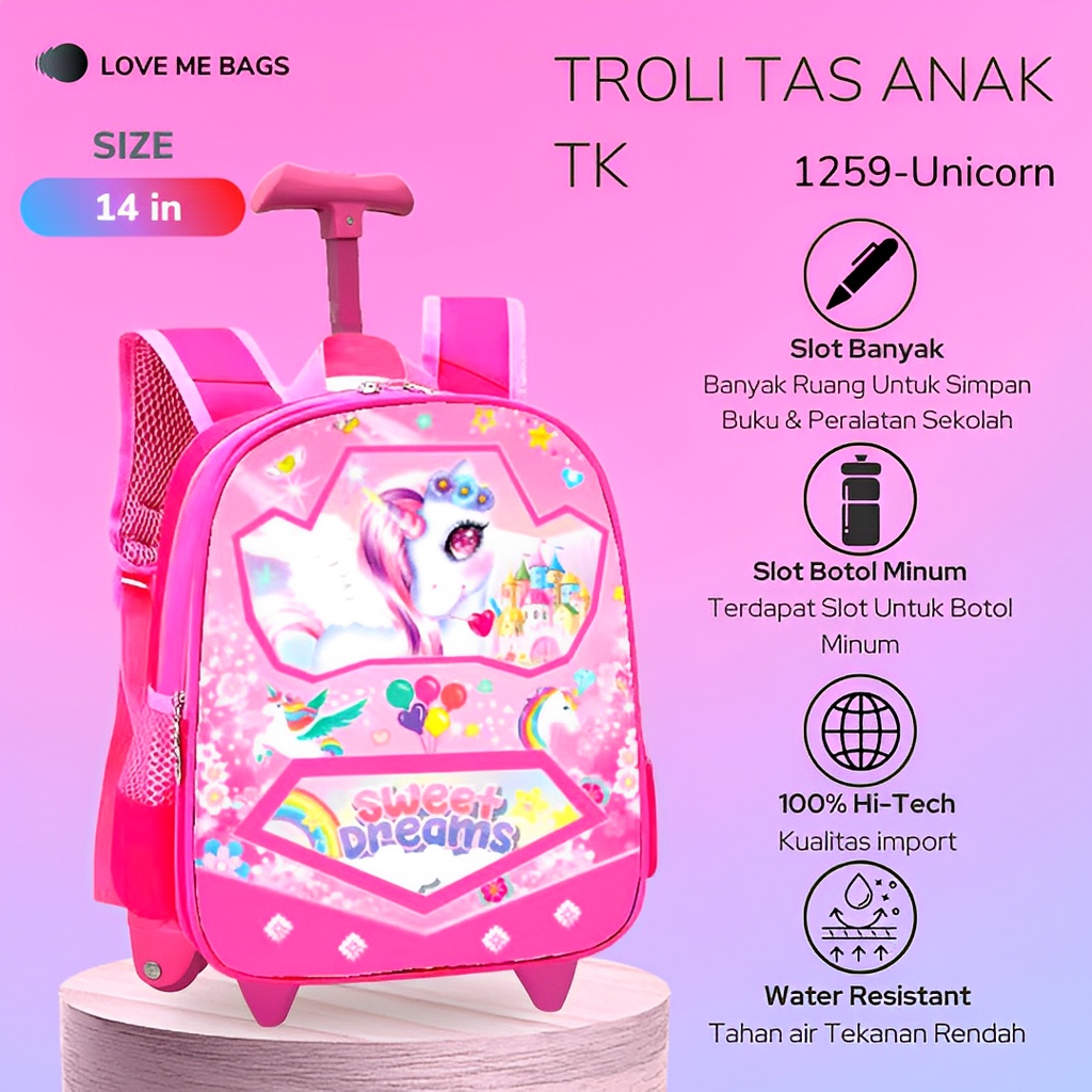 LMB Tas Troli Anak Sekolah Perempuan TK Bahan Nilon Premium Karakter Lucu Bagian Depan Timbul 6D