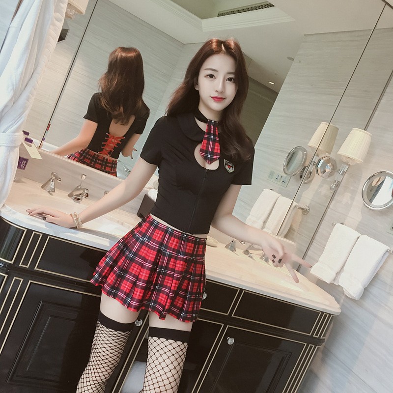 LI-144 lingerie pakaian dalam wanita tartan cosplay uniform