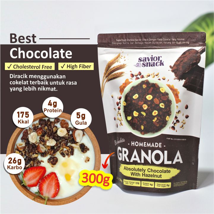 

GRANOLA Cokelat 300g Absolutely Chocolate With Hazelnut Savior Snack Makanan Sehat Tinggi Nutrisi