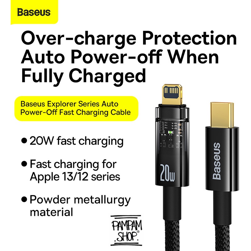 BASEUS ORIGINAL Explorer Series Type C to Lightning 20W Iphone 11 12 13 Auto Power Off Fast Charging Cable Charger Casan Tipe C Ori