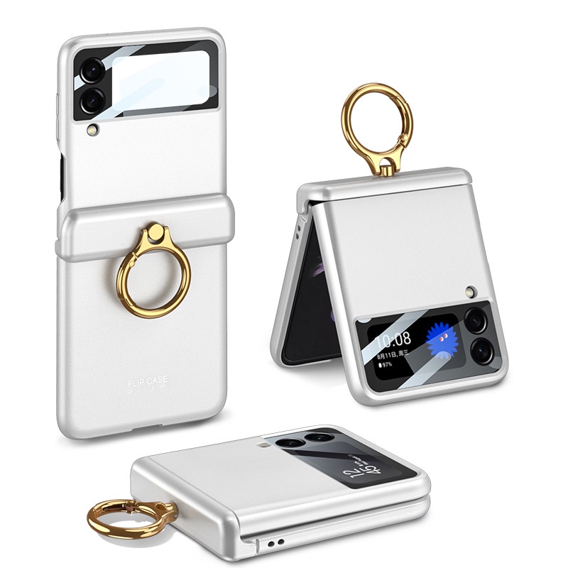 1Pc Magnetic Hinge Ring Case for Samsung Galaxy Z Flip 4 / Full Body Protection Cell Phone Cover with Finger Ring Stand/Hard Shockproof Case