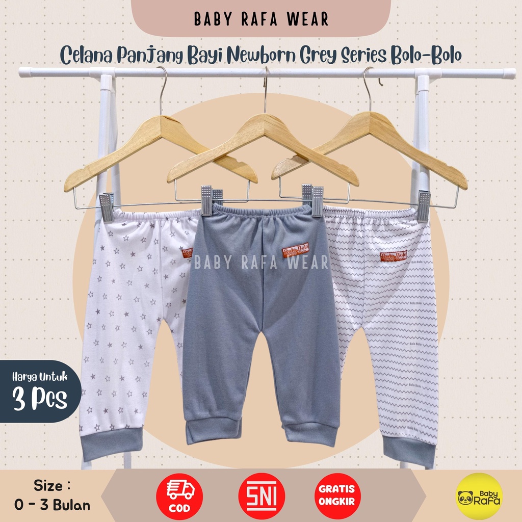 Serian Abu - 3 pcs Celana Panjang Bayi Baru Lahir 0 - 3 Bulan Grey Series merk SNI Bolo - Bolo