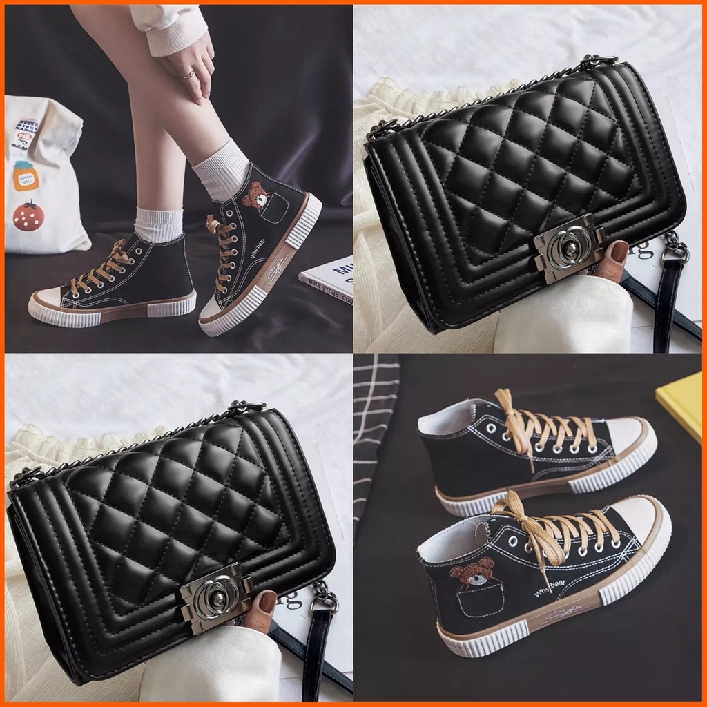 paket sneakers wanita boots dan tas selmapnga bahu populerr