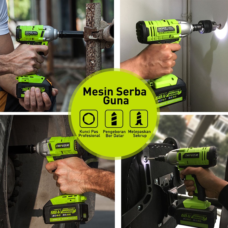 Reaim Cordless Impact Wrench 288VF Mesin Bor 2 baterai Untuk Baut Mobil bor set impak buka motor