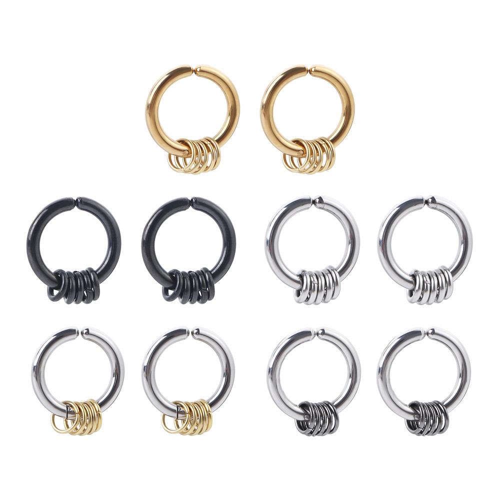 Rebuy Anting Hoop Palsu Warna Perak Kepribadian Rock Roll Lingkaran Tanpa Lubang Non Piercing Bulat Geometris Anting Klip Hitam