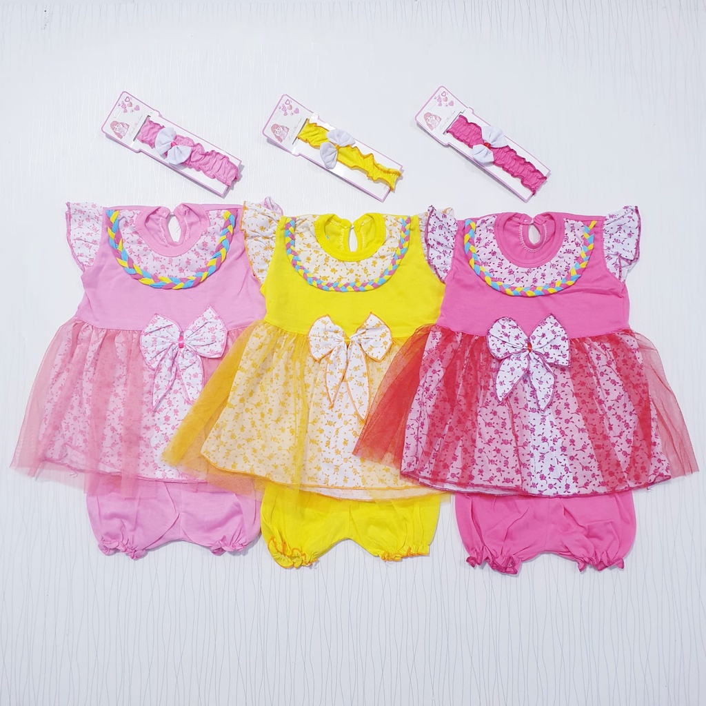 Dress Bayi Motif Kepang Free Headband Anak Usia 0-6 Bulan Baju Baby Gracia