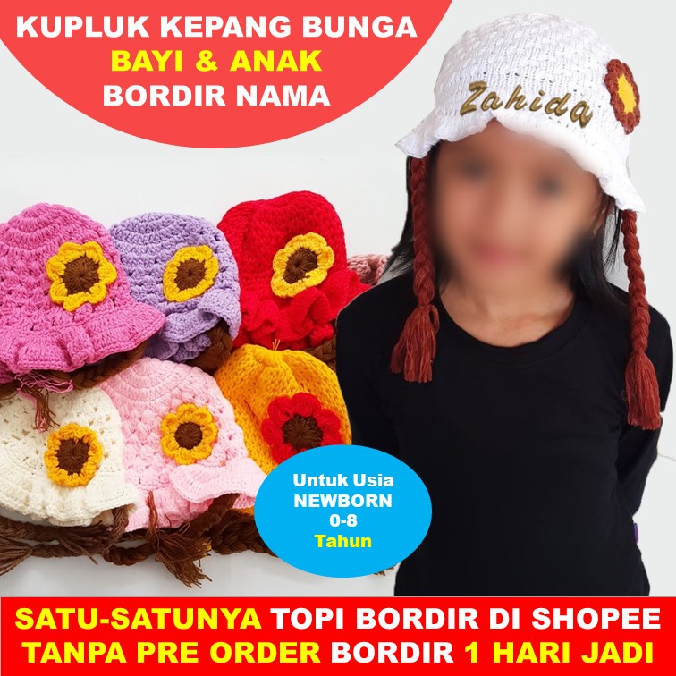 Kupluk Kepang Anak Bayi Wig GRATIS BORDIR NAMA Kepang Bunga