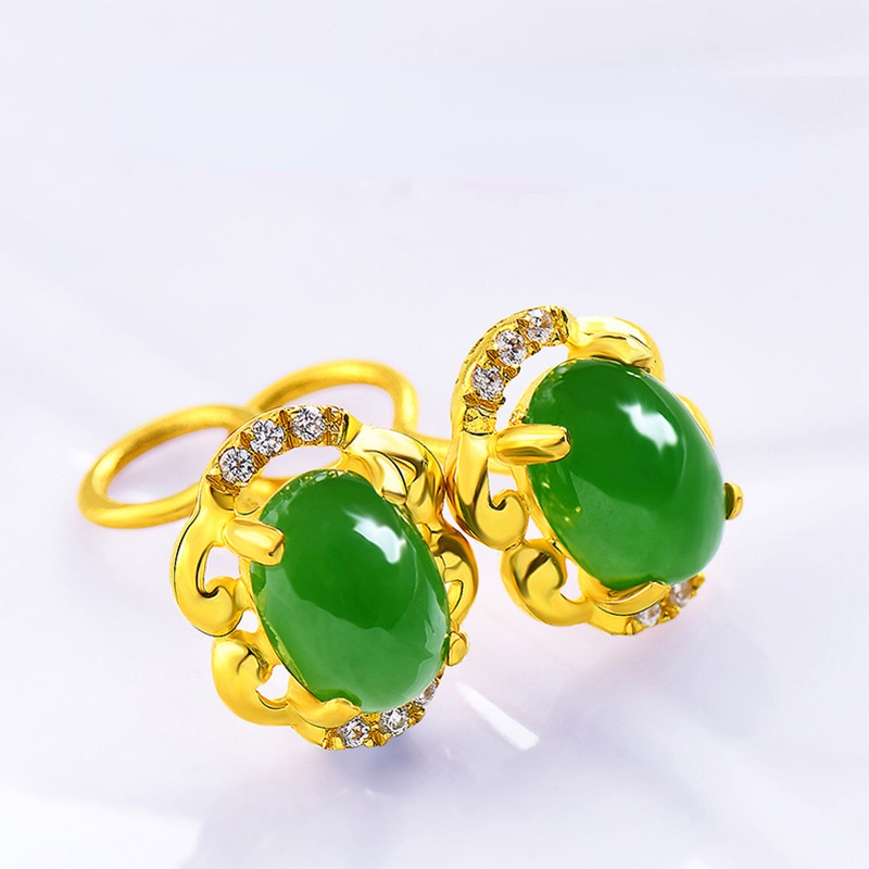 Goldkingdom Perhiasan Fashion Emas Asli Kadar 375 Bangkok Aksesoris Ready Stock Hetian Jasper Stud Anting Wanita Lapis Emas Hias Giok Putih Chrysoprase